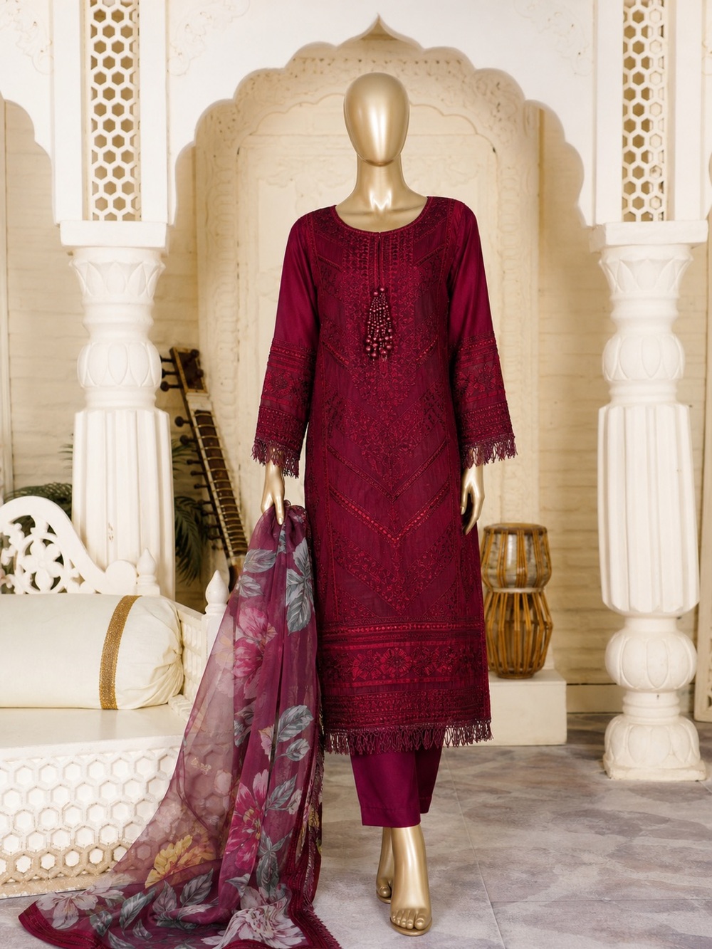 Maroon Kurta Set with Dupatta – Pakistani Indian Afghan Style